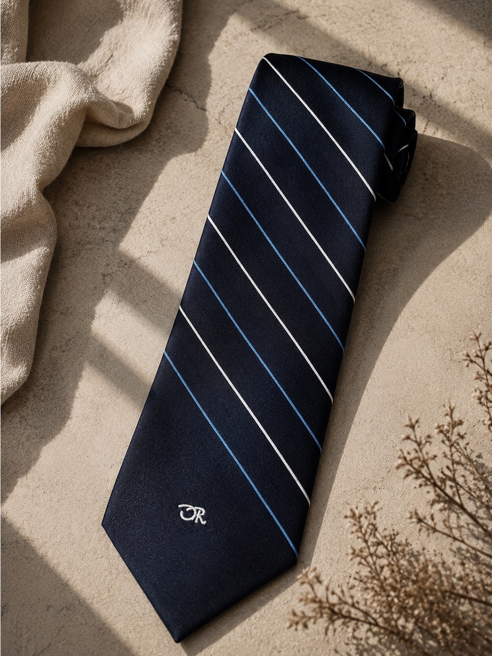 Vintage Oscar de la Renta Striped Logo Tie Navy Blue Monogram Necktie